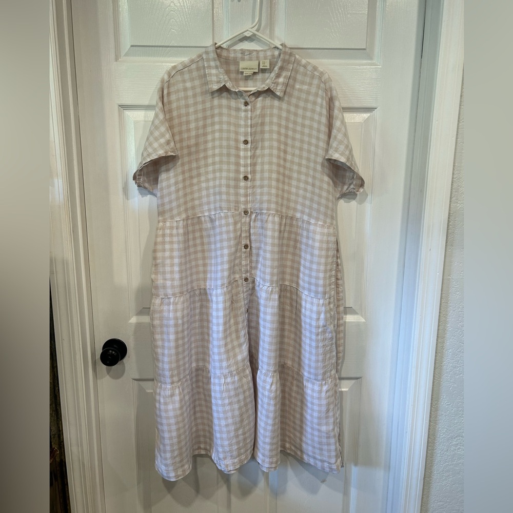 Cynthia Rowley Beige Gingham Button-Down Midi Dress 100 % Linen